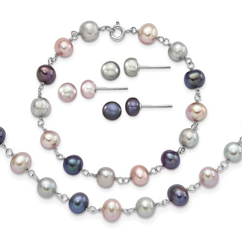 PSSN Sterling Silver Rhodium-plated 6-7mm Grey, Pink and Black Semi-Round Freshwater Cultured Pearl 18 inch Necklace, 7.25 inch Bracelet and 3-piece Button Post Earrings Set
