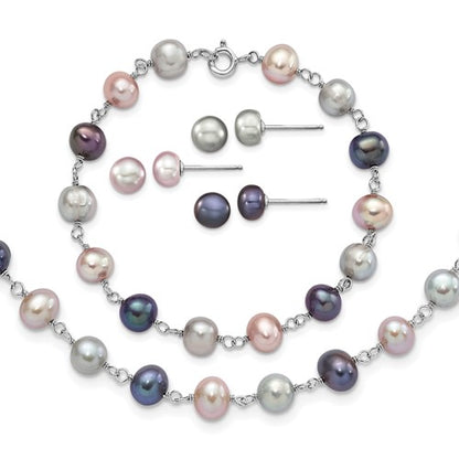 PSSN Sterling Silver Rhodium-plated 6-7mm Grey, Pink and Black Semi-Round Freshwater Cultured Pearl 18 inch Necklace, 7.25 inch Bracelet and 3-piece Button Post Earrings Set