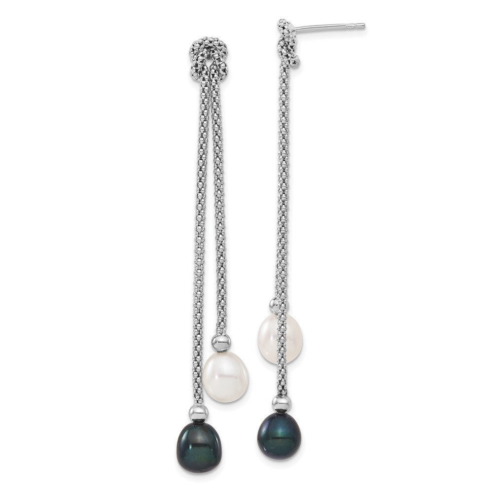 PSSN Sterling Silver Rhodium-plated 7-8mm Black and White Teardrop Freshwater Cultured Pearl Knot 18 inch Necklace and Post Dangle Earrings Set