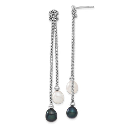 PSSN Sterling Silver Rhodium-plated 7-8mm Black and White Teardrop Freshwater Cultured Pearl Knot 18 inch Necklace and Post Dangle Earrings Set
