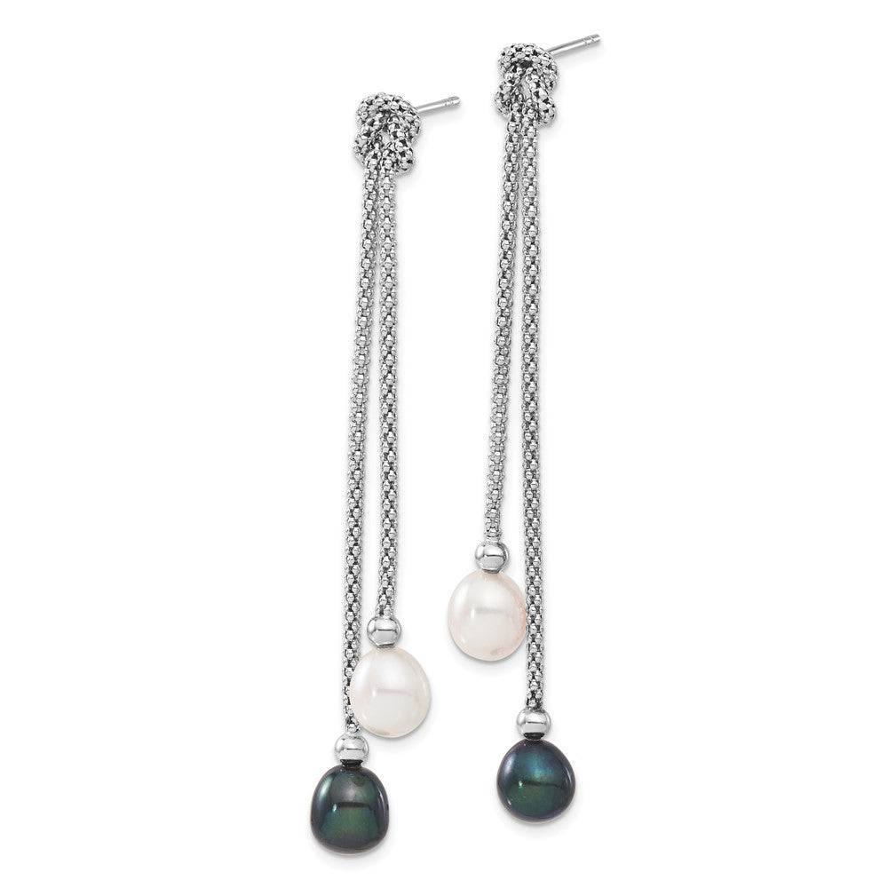 PSSN Sterling Silver Rhodium-plated 7-8mm Black and White Teardrop Freshwater Cultured Pearl Knot 18 inch Necklace and Post Dangle Earrings Set