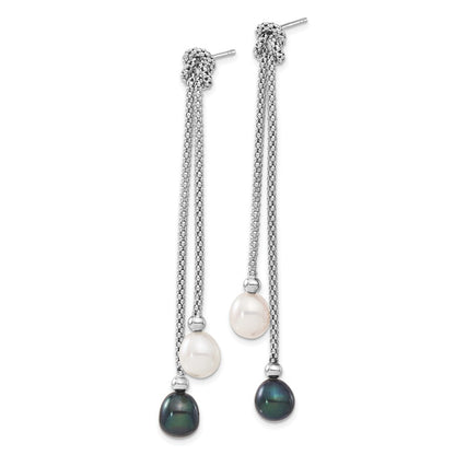 PSSN Sterling Silver Rhodium-plated 7-8mm Black and White Teardrop Freshwater Cultured Pearl Knot 18 inch Necklace and Post Dangle Earrings Set