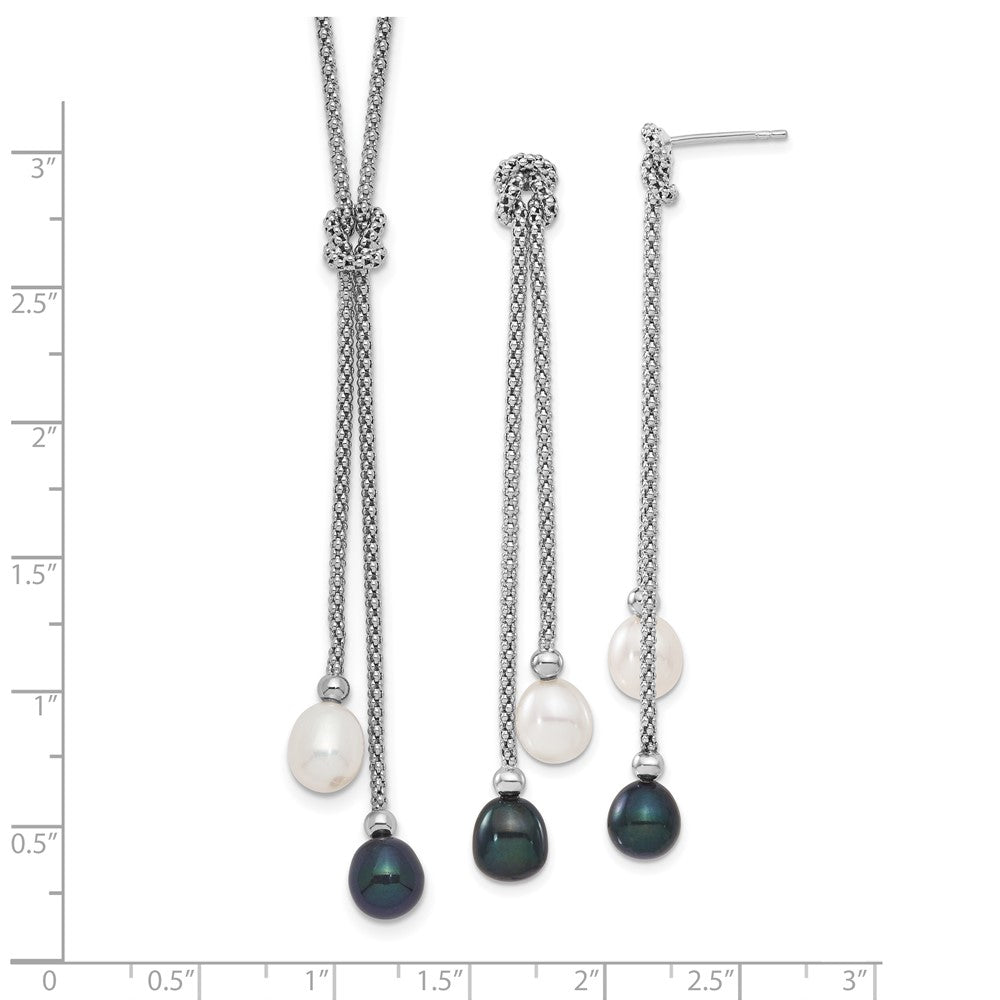 PSSN Sterling Silver Rhodium-plated 7-8mm Black and White Teardrop Freshwater Cultured Pearl Knot 18 inch Necklace and Post Dangle Earrings Set