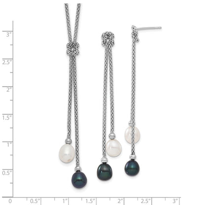 PSSN Sterling Silver Rhodium-plated 7-8mm Black and White Teardrop Freshwater Cultured Pearl Knot 18 inch Necklace and Post Dangle Earrings Set