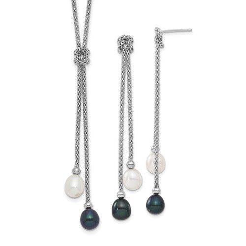 PSSN Sterling Silver Rhodium-plated 7-8mm Black and White Teardrop Freshwater Cultured Pearl Knot 18 inch Necklace and Post Dangle Earrings Set