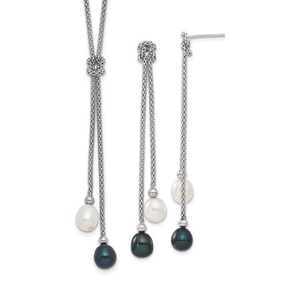 PSSN Sterling Silver Rhodium-plated 7-8mm Black and White Teardrop Freshwater Cultured Pearl Knot 18 inch Necklace and Post Dangle Earrings Set