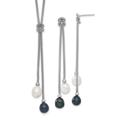 PSSN Sterling Silver Rhodium-plated 7-8mm Black and White Teardrop Freshwater Cultured Pearl Knot 18 inch Necklace and Post Dangle Earrings Set