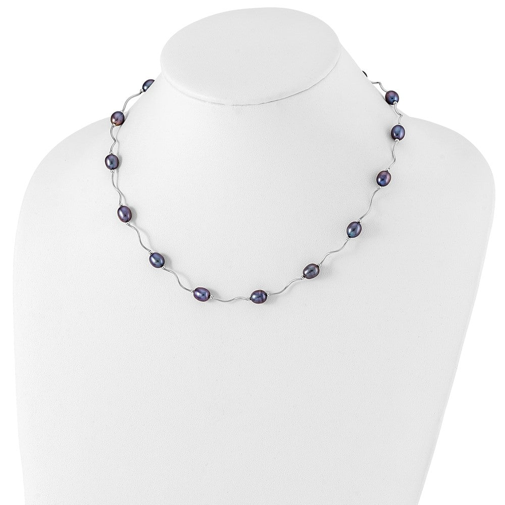 PSSN Sterling Silver Rhodium-plated 6-7mm Black Rice Freshwater Cultured Pearl 16-Station 18 inch Necklace