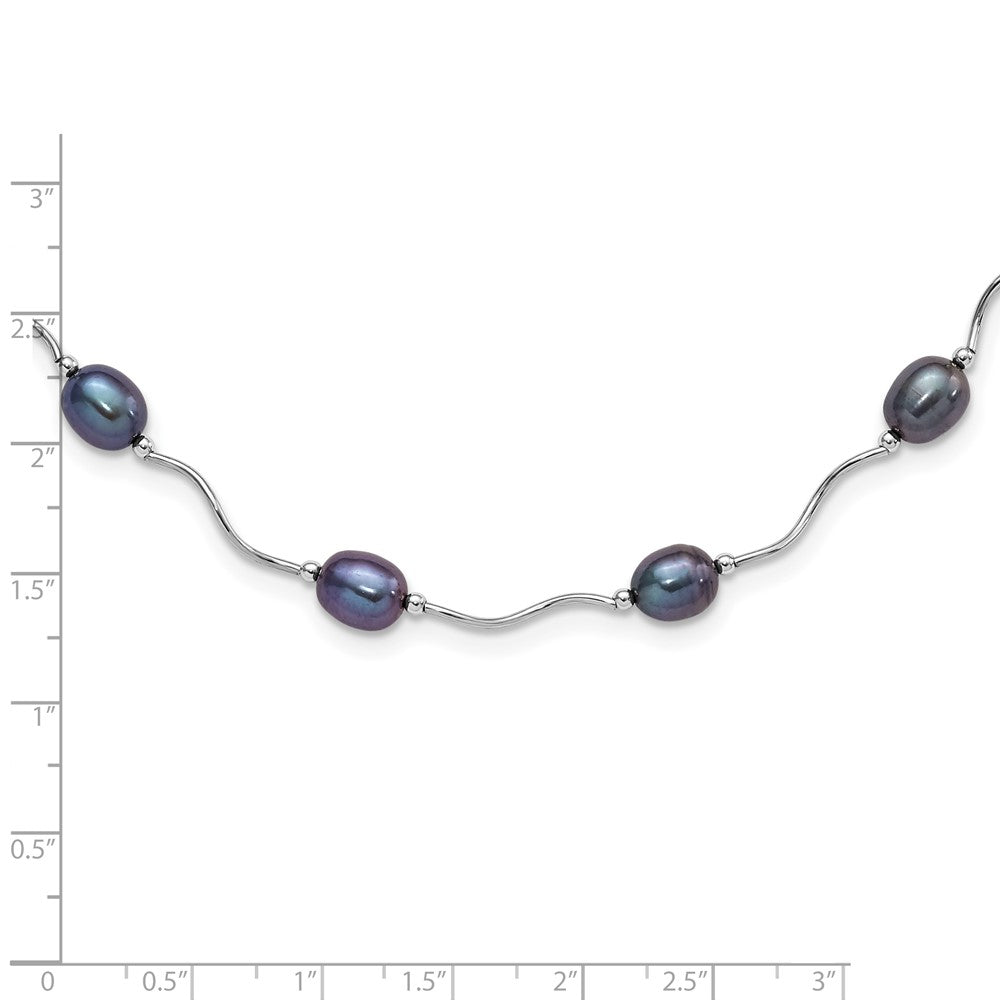 PSSN Sterling Silver Rhodium-plated 6-7mm Black Rice Freshwater Cultured Pearl 16-Station 18 inch Necklace