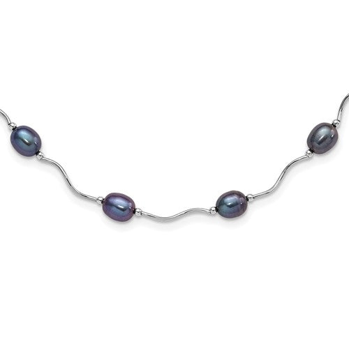 PSSN Sterling Silver Rhodium-plated 6-7mm Black Rice Freshwater Cultured Pearl 16-Station 18 inch Necklace