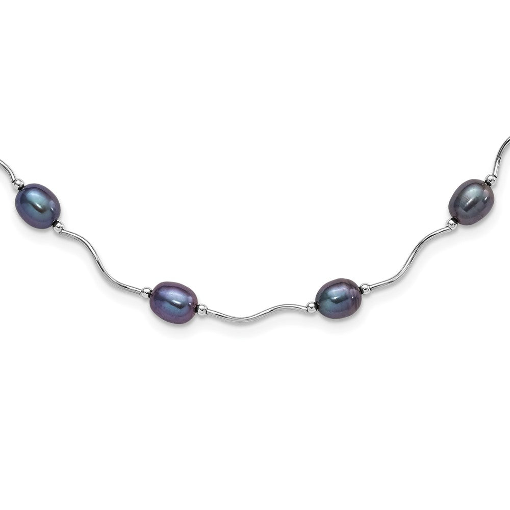 PSSN Sterling Silver Rhodium-plated 6-7mm Black Rice Freshwater Cultured Pearl 16-Station 18 inch Necklace