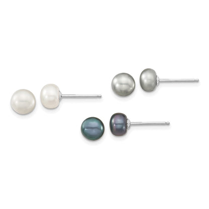 PSSN Sterling Silver Rhodium-plated 6-8mm White, Grey and Black Semi-Round Freshwater Cultured Pearl 18 inch Necklace and 7.25 inch Bracelet and 3-piece Button Post Earrings Set