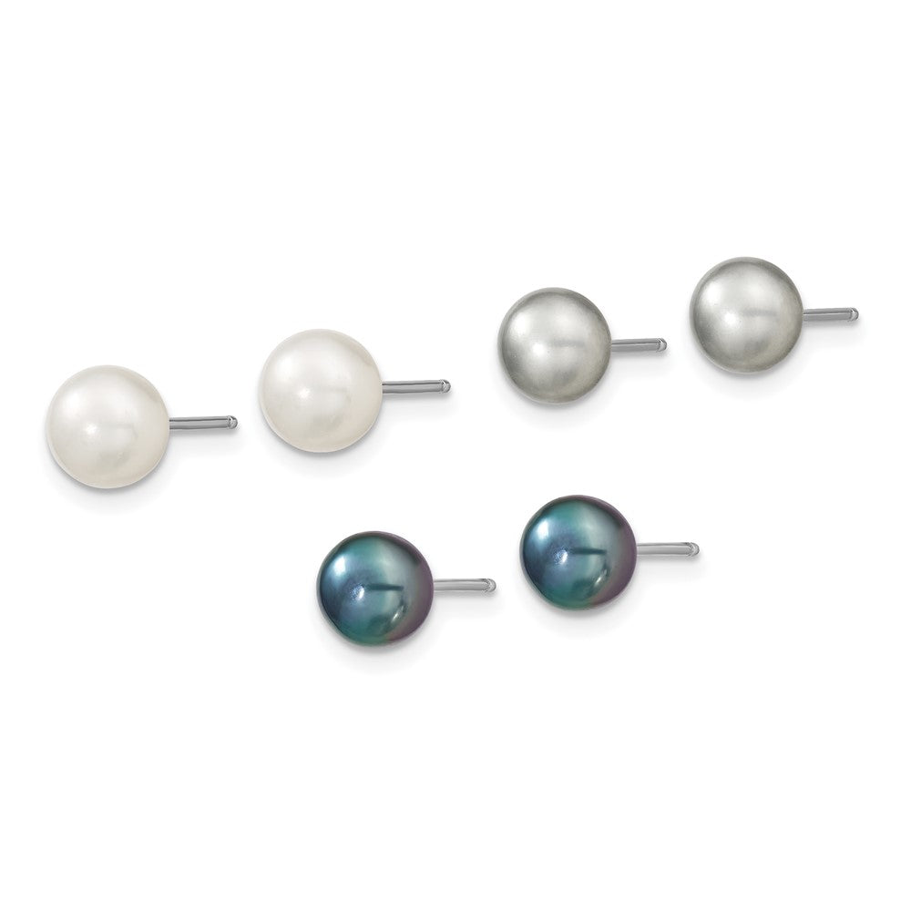 PSSN Sterling Silver Rhodium-plated 6-8mm White, Grey and Black Semi-Round Freshwater Cultured Pearl 18 inch Necklace and 7.25 inch Bracelet and 3-piece Button Post Earrings Set