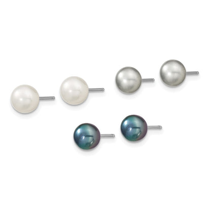 PSSN Sterling Silver Rhodium-plated 6-8mm White, Grey and Black Semi-Round Freshwater Cultured Pearl 18 inch Necklace and 7.25 inch Bracelet and 3-piece Button Post Earrings Set