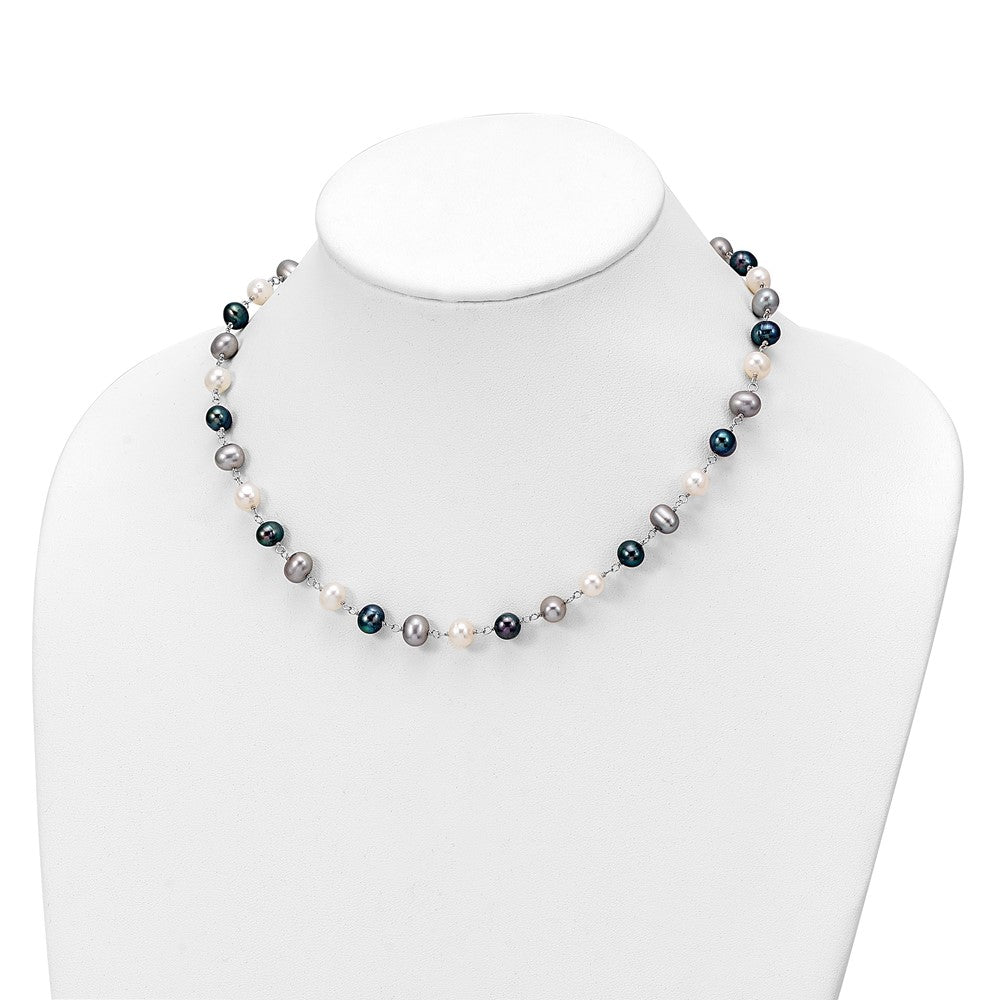 PSSN Sterling Silver Rhodium-plated 6-8mm White, Grey and Black Semi-Round Freshwater Cultured Pearl 18 inch Necklace and 7.25 inch Bracelet and 3-piece Button Post Earrings Set