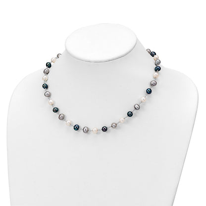 PSSN Sterling Silver Rhodium-plated 6-8mm White, Grey and Black Semi-Round Freshwater Cultured Pearl 18 inch Necklace and 7.25 inch Bracelet and 3-piece Button Post Earrings Set