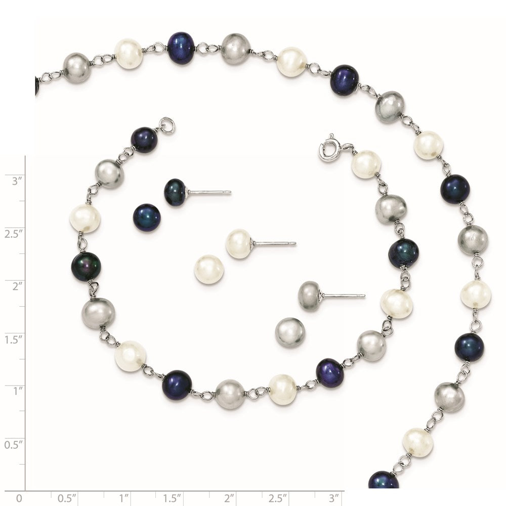 PSSN Sterling Silver Rhodium-plated 6-8mm White, Grey and Black Semi-Round Freshwater Cultured Pearl 18 inch Necklace and 7.25 inch Bracelet and 3-piece Button Post Earrings Set