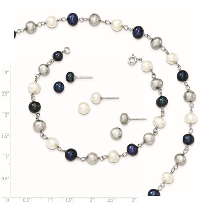 PSSN Sterling Silver Rhodium-plated 6-8mm White, Grey and Black Semi-Round Freshwater Cultured Pearl 18 inch Necklace and 7.25 inch Bracelet and 3-piece Button Post Earrings Set