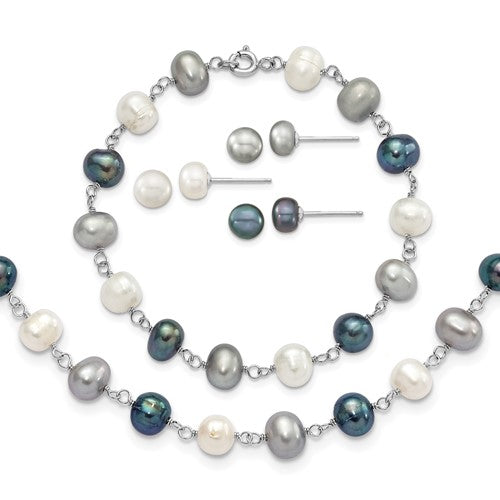 PSSN Sterling Silver Rhodium-plated 6-8mm White, Grey and Black Semi-Round Freshwater Cultured Pearl 18 inch Necklace and 7.25 inch Bracelet and 3-piece Button Post Earrings Set