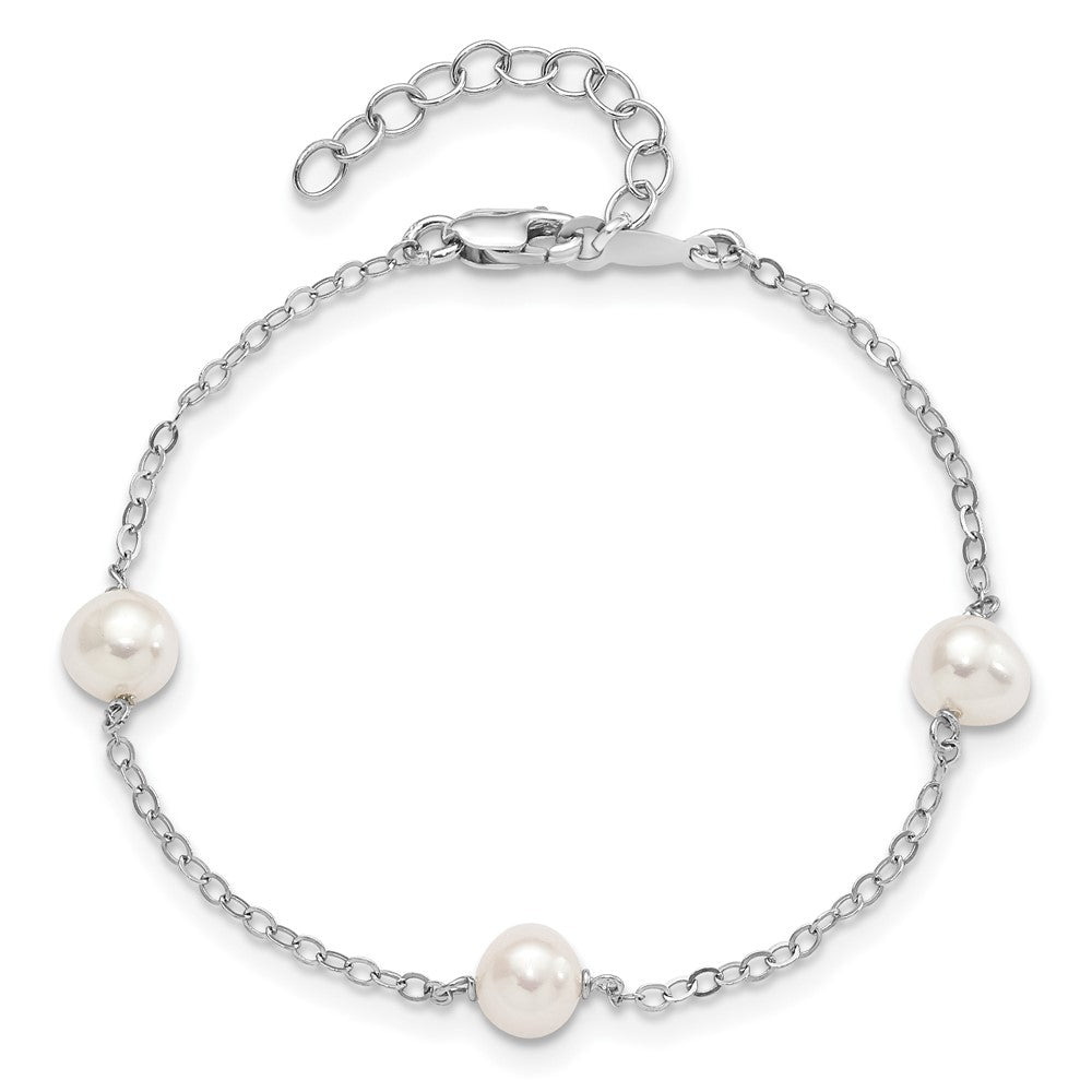 PSSB Sterling Silver Rhodium-plated 5-6mm White Freshwater Cultured Pearl 3-Stations 7.5 inch Bracelet