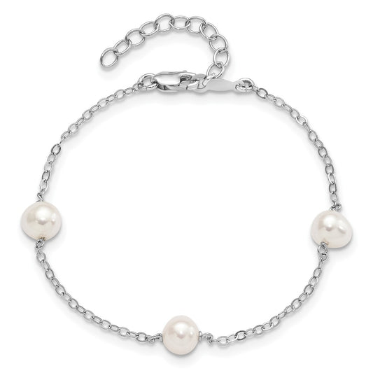 PSSB Sterling Silver Rhodium-plated 5-6mm White Freshwater Cultured Pearl 3-Stations 7.5 inch Bracelet