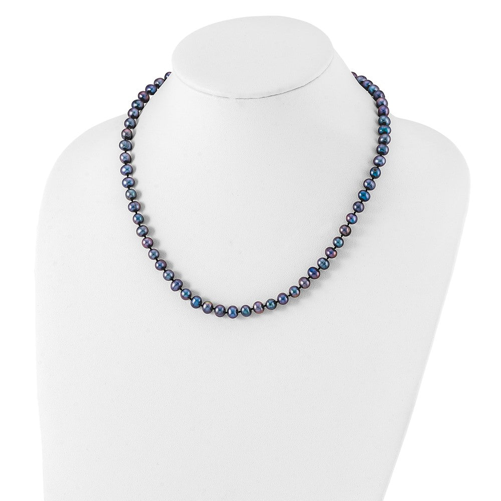 PSSN Sterling Silver Rhodium-plated 6-7mm Black Near-Round Freshwater Cultured Pearl 18 inch Necklace