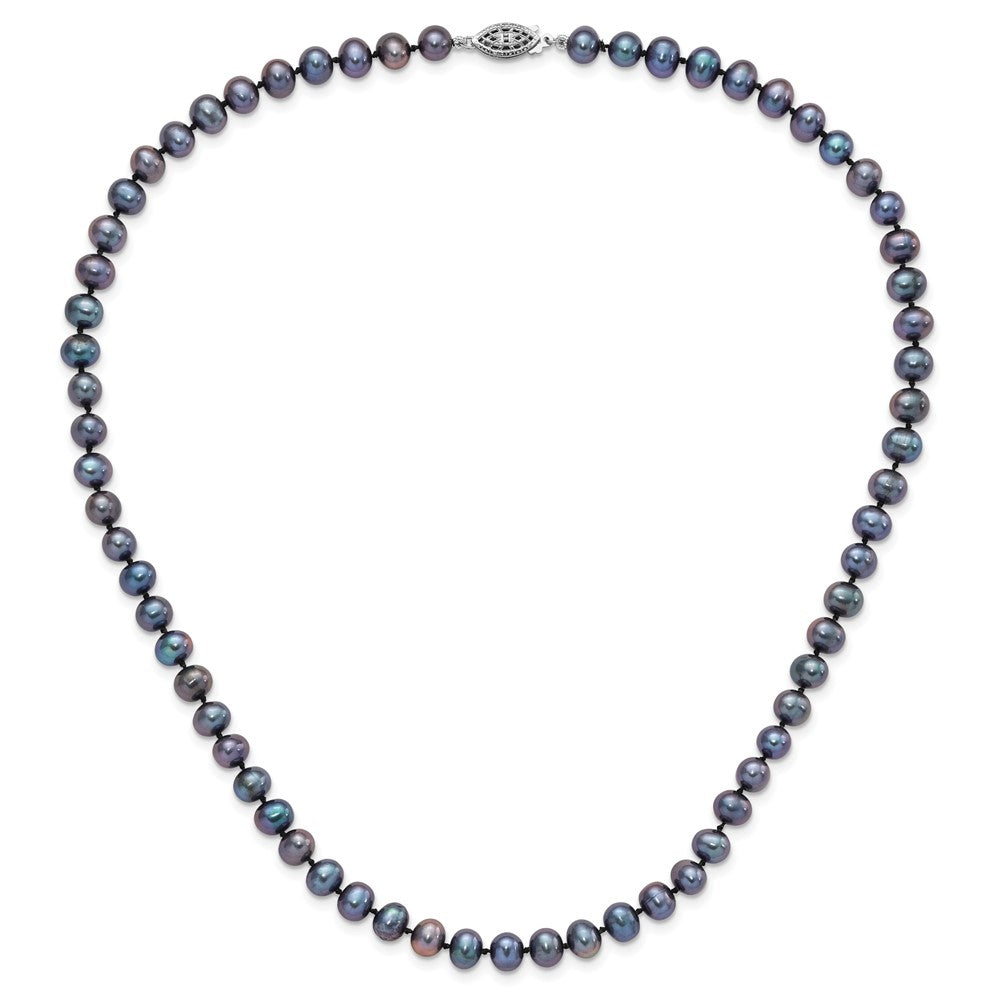 PSSN Sterling Silver Rhodium-plated 6-7mm Black Near-Round Freshwater Cultured Pearl 18 inch Necklace