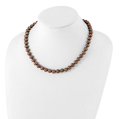 PSSN Sterling Silver Rhodium-plated 8-9mm Brown Near-Round Freshwater Cultured Pearl 18 inch Necklace