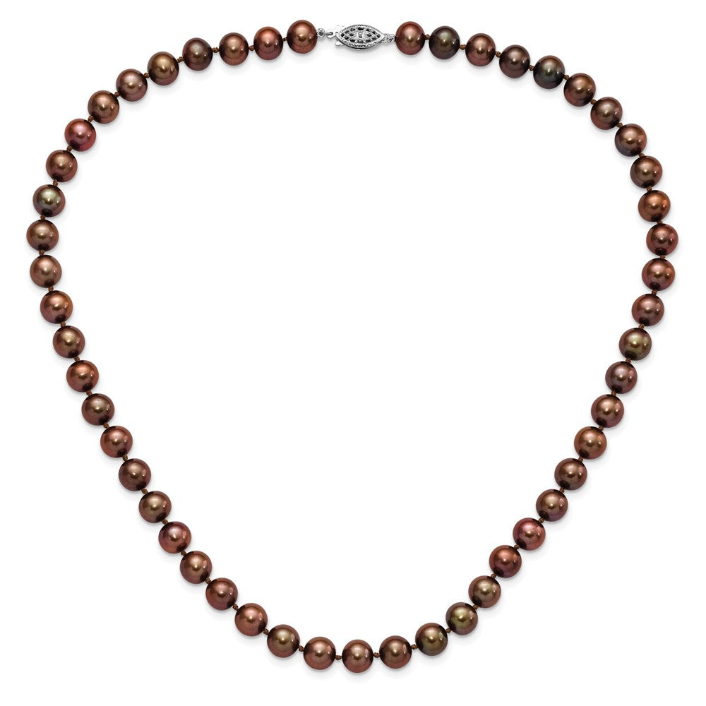 PSSN Sterling Silver Rhodium-plated 8-9mm Brown Near-Round Freshwater Cultured Pearl 18 inch Necklace