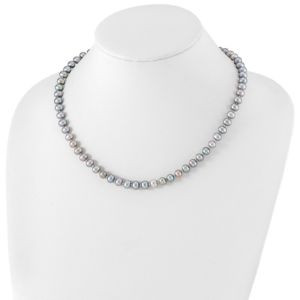 PSSN Sterling Silver Rhodium-plated 6-7mm Grey Near-Round Freshwater Cultured Pearl 18 inch Necklace