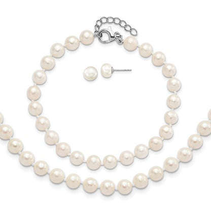 PSSN Sterling Silver Rhodium-plated 6-7mm White Semi-Round Freshwater Cultured Pearl 18 inch with 2 inch Extension Necklace, 7 inch Bracelet and Button Post Earrings Set