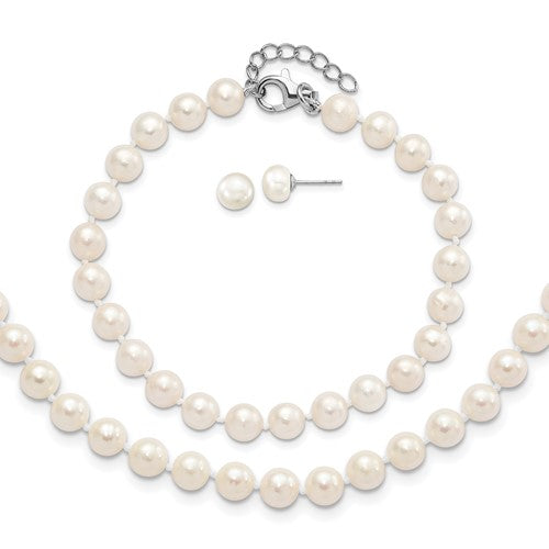 PSSN Sterling Silver Rhodium-plated 6-7mm White Semi-Round Freshwater Cultured Pearl 18 inch with 2 inch Extension Necklace, 7 inch Bracelet and Button Post Earrings Set
