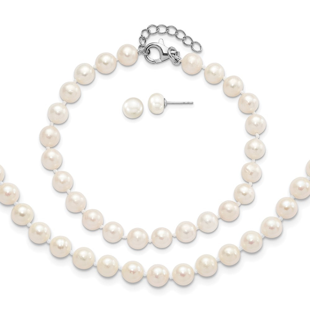 PSSN Sterling Silver Rhodium-plated 6-7mm White Semi-Round Freshwater Cultured Pearl 18 inch with 2 inch Extension Necklace, 7 inch Bracelet and Button Post Earrings Set