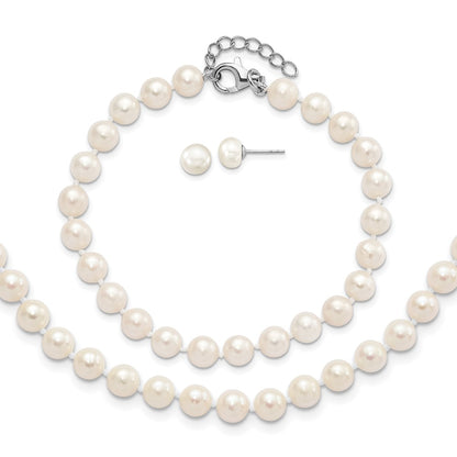 PSSN Sterling Silver Rhodium-plated 6-7mm White Semi-Round Freshwater Cultured Pearl 18 inch with 2 inch Extension Necklace, 7 inch Bracelet and Button Post Earrings Set