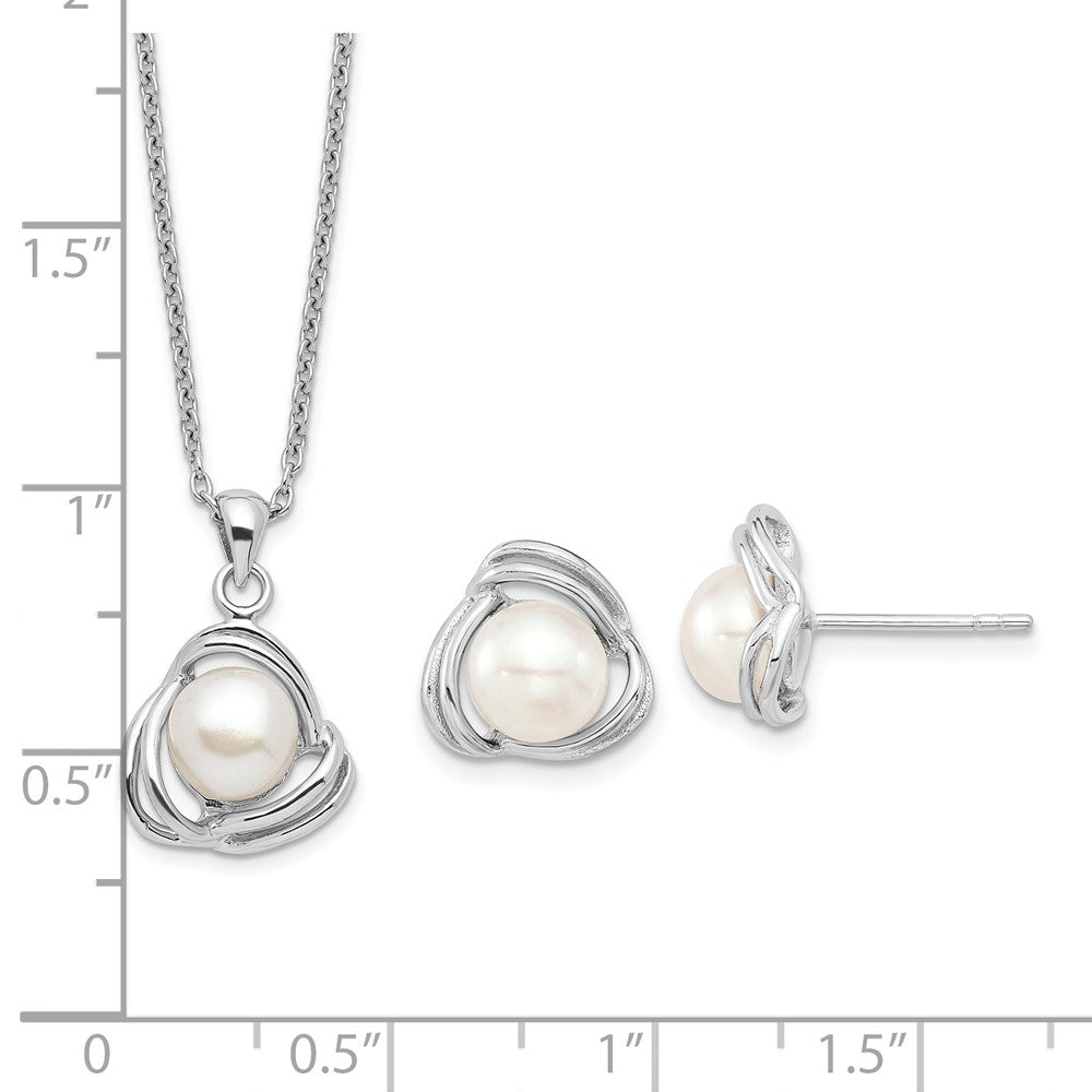 PSSN Sterling Silver Rhodium-plated 6-7mm White Button Freshwater Cultured Pearl 17 inch Necklace and Post Earrings Set