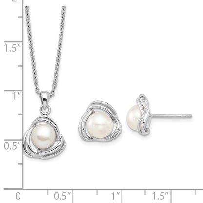 PSSN Sterling Silver Rhodium-plated 6-7mm White Button Freshwater Cultured Pearl 17 inch Necklace and Post Earrings Set