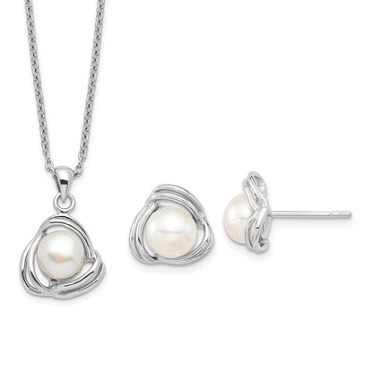 PSSN Sterling Silver Rhodium-plated 6-7mm White Button Freshwater Cultured Pearl 17 inch Necklace and Post Earrings Set