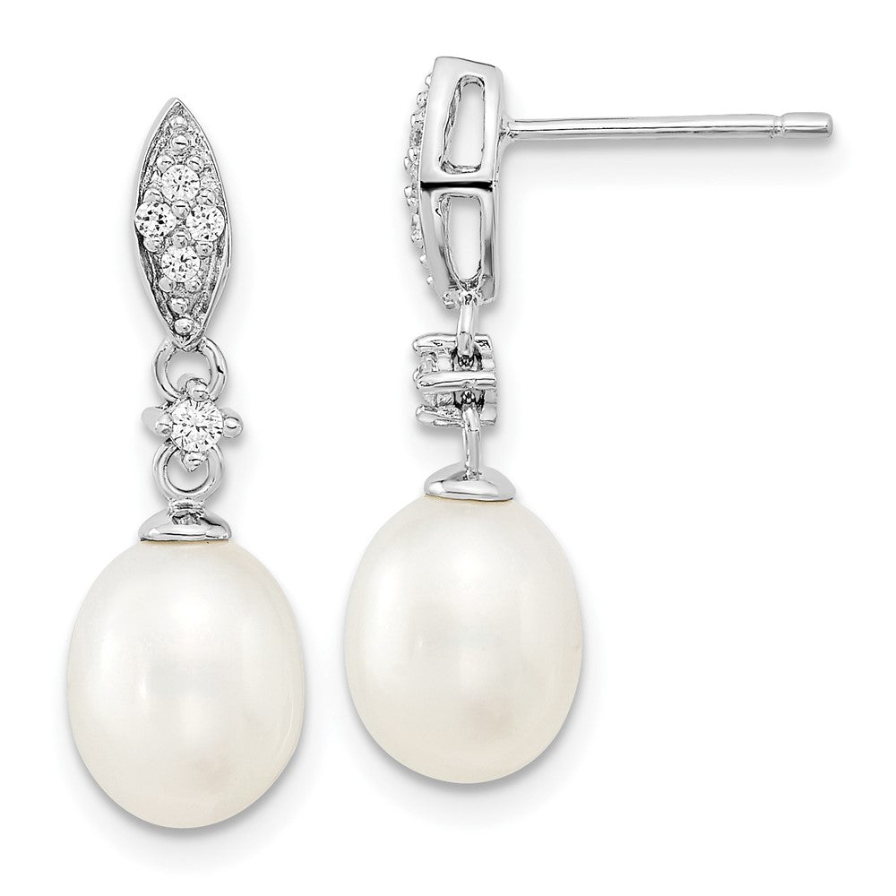 PSSN Sterling Silver Rhodium-plated 8-9mm White Teardrop Freshwater Cultured Pearl and CZ 17 inch Necklace and Post Dangle Earrings Set