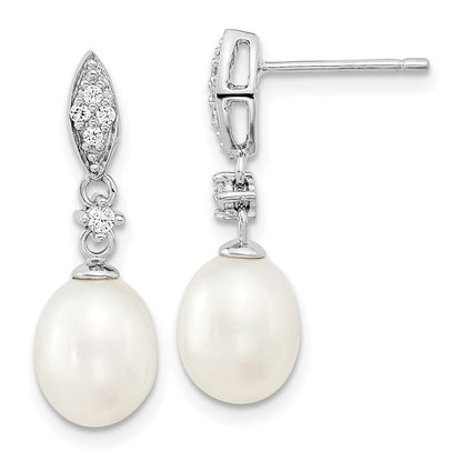 PSSN Sterling Silver Rhodium-plated 8-9mm White Teardrop Freshwater Cultured Pearl and CZ 17 inch Necklace and Post Dangle Earrings Set