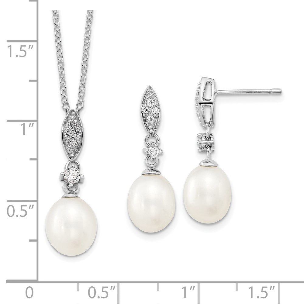 PSSN Sterling Silver Rhodium-plated 8-9mm White Teardrop Freshwater Cultured Pearl and CZ 17 inch Necklace and Post Dangle Earrings Set
