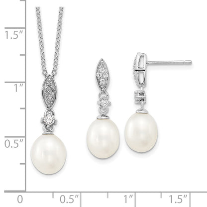PSSN Sterling Silver Rhodium-plated 8-9mm White Teardrop Freshwater Cultured Pearl and CZ 17 inch Necklace and Post Dangle Earrings Set
