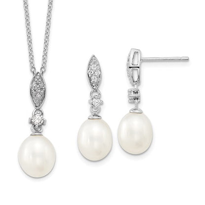 PSSN Sterling Silver Rhodium-plated 8-9mm White Teardrop Freshwater Cultured Pearl and CZ 17 inch Necklace and Post Dangle Earrings Set