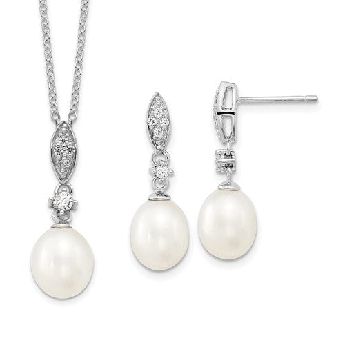 PSSN Sterling Silver Rhodium-plated 8-9mm White Teardrop Freshwater Cultured Pearl and CZ 17 inch Necklace and Post Dangle Earrings Set