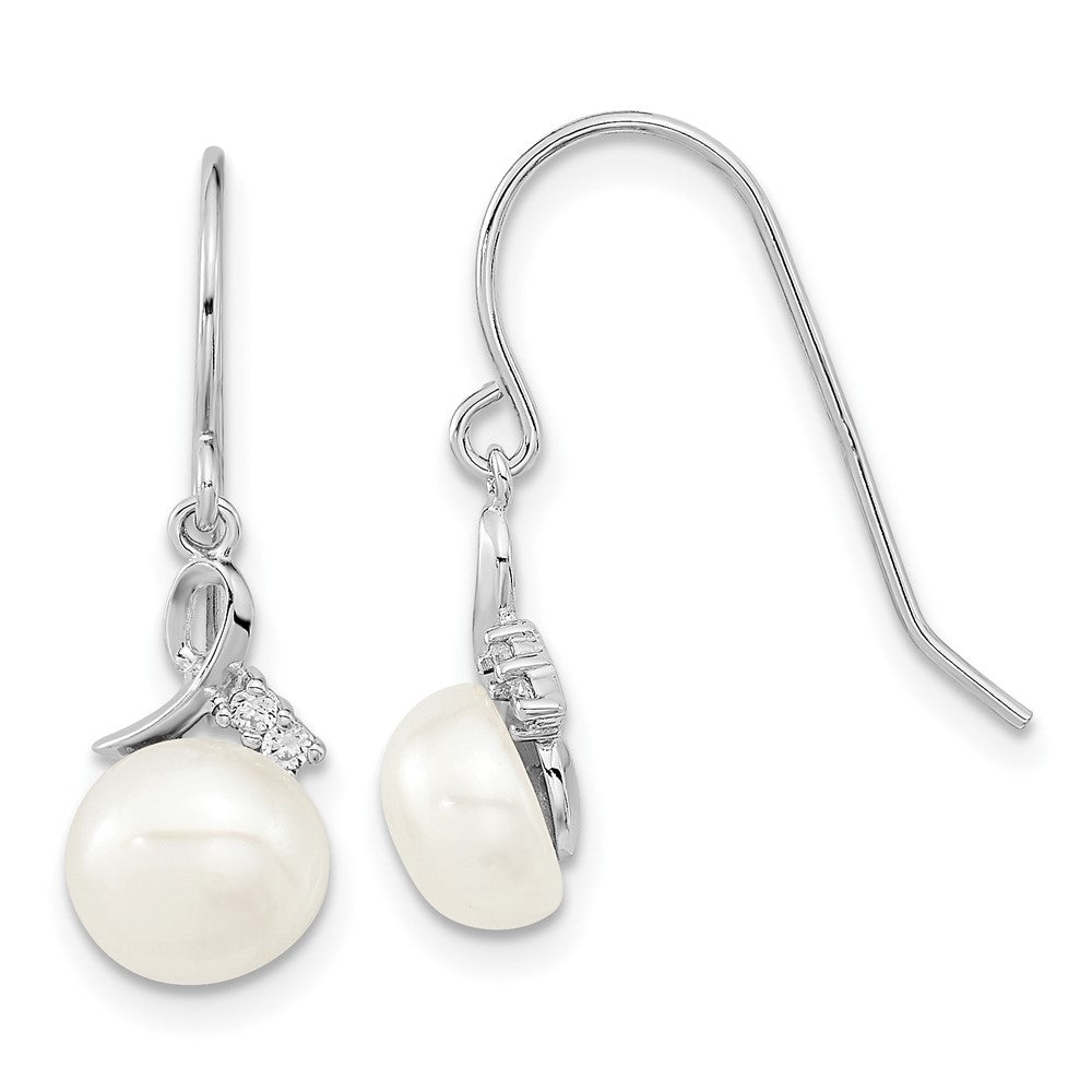 PSSN Sterling Silver Rhodium-plated 7-8mm White Semi-Round Freshwater Cultured Pearl and CZ 17 inch Necklace and Dangle Earrings Set