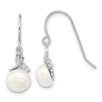 PSSN Sterling Silver Rhodium-plated 7-8mm White Semi-Round Freshwater Cultured Pearl and CZ 17 inch Necklace and Dangle Earrings Set