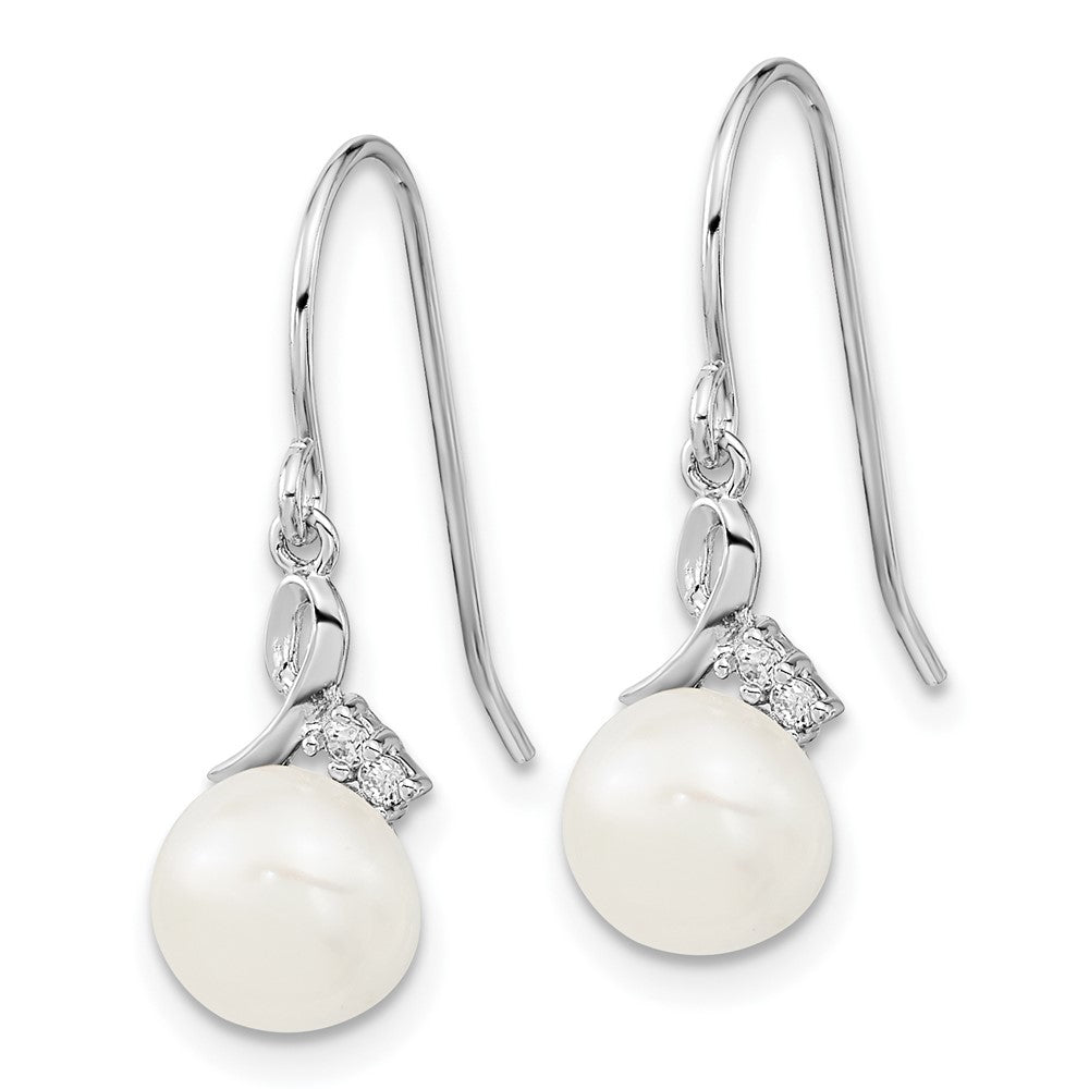 PSSN Sterling Silver Rhodium-plated 7-8mm White Semi-Round Freshwater Cultured Pearl and CZ 17 inch Necklace and Dangle Earrings Set