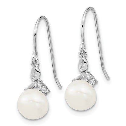 PSSN Sterling Silver Rhodium-plated 7-8mm White Semi-Round Freshwater Cultured Pearl and CZ 17 inch Necklace and Dangle Earrings Set