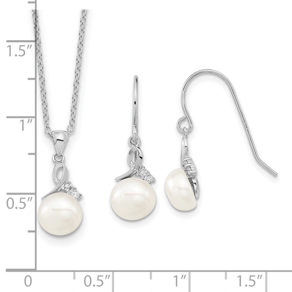 PSSN Sterling Silver Rhodium-plated 7-8mm White Semi-Round Freshwater Cultured Pearl and CZ 17 inch Necklace and Dangle Earrings Set