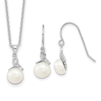 PSSN Sterling Silver Rhodium-plated 7-8mm White Semi-Round Freshwater Cultured Pearl and CZ 17 inch Necklace and Dangle Earrings Set