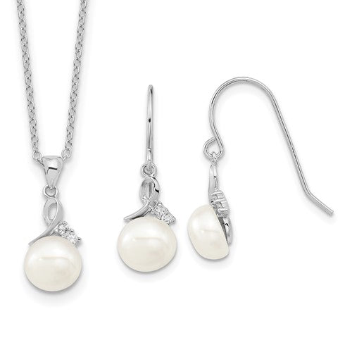 PSSN Sterling Silver Rhodium-plated 7-8mm White Semi-Round Freshwater Cultured Pearl and CZ 17 inch Necklace and Dangle Earrings Set
